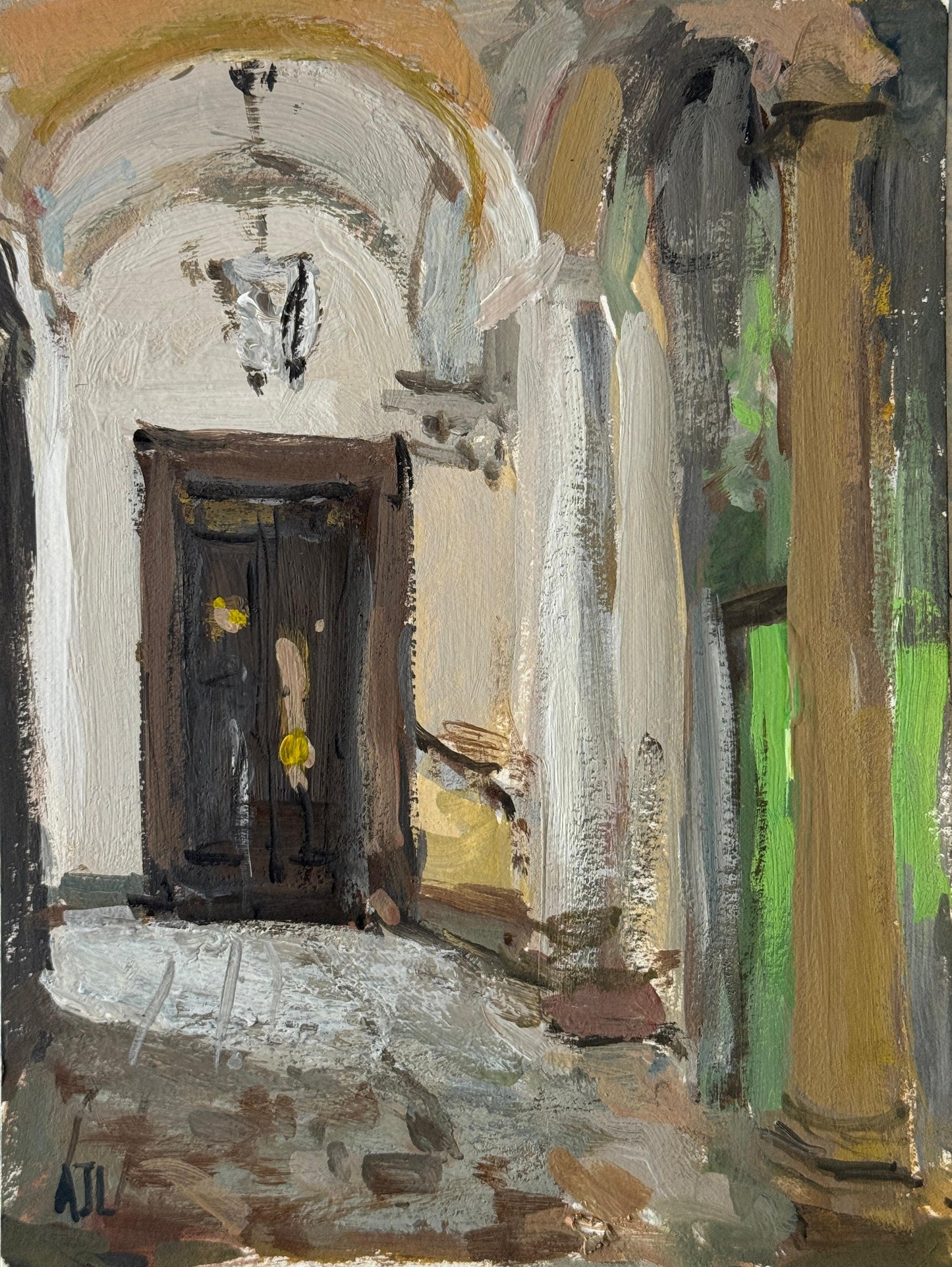 An original gouache painting of a door with a gold door handle near a green lift in an Italian architectural setting