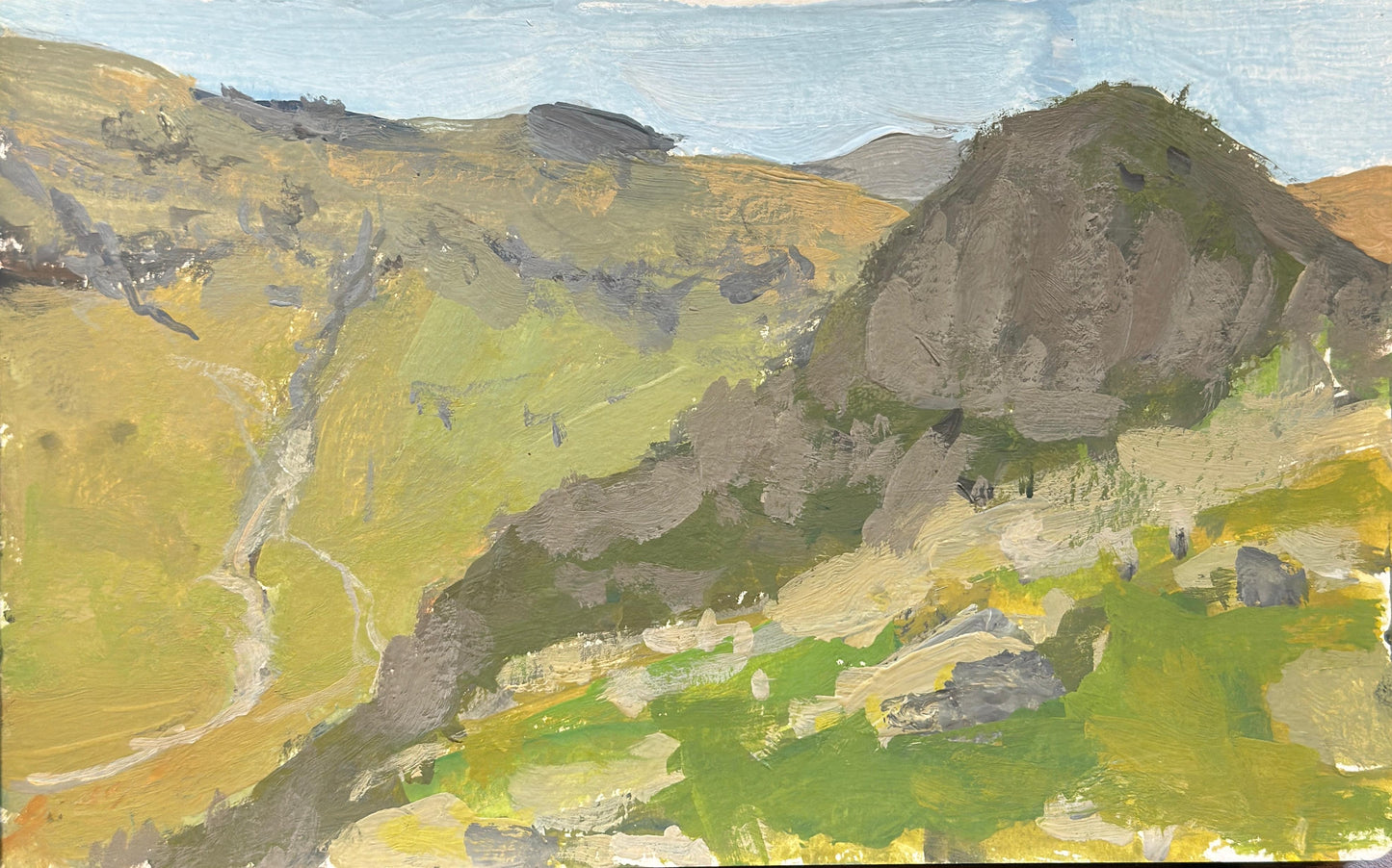 An original plein air gouache painting of the summit of the Pike o' Stickle in a cloud shadow.
