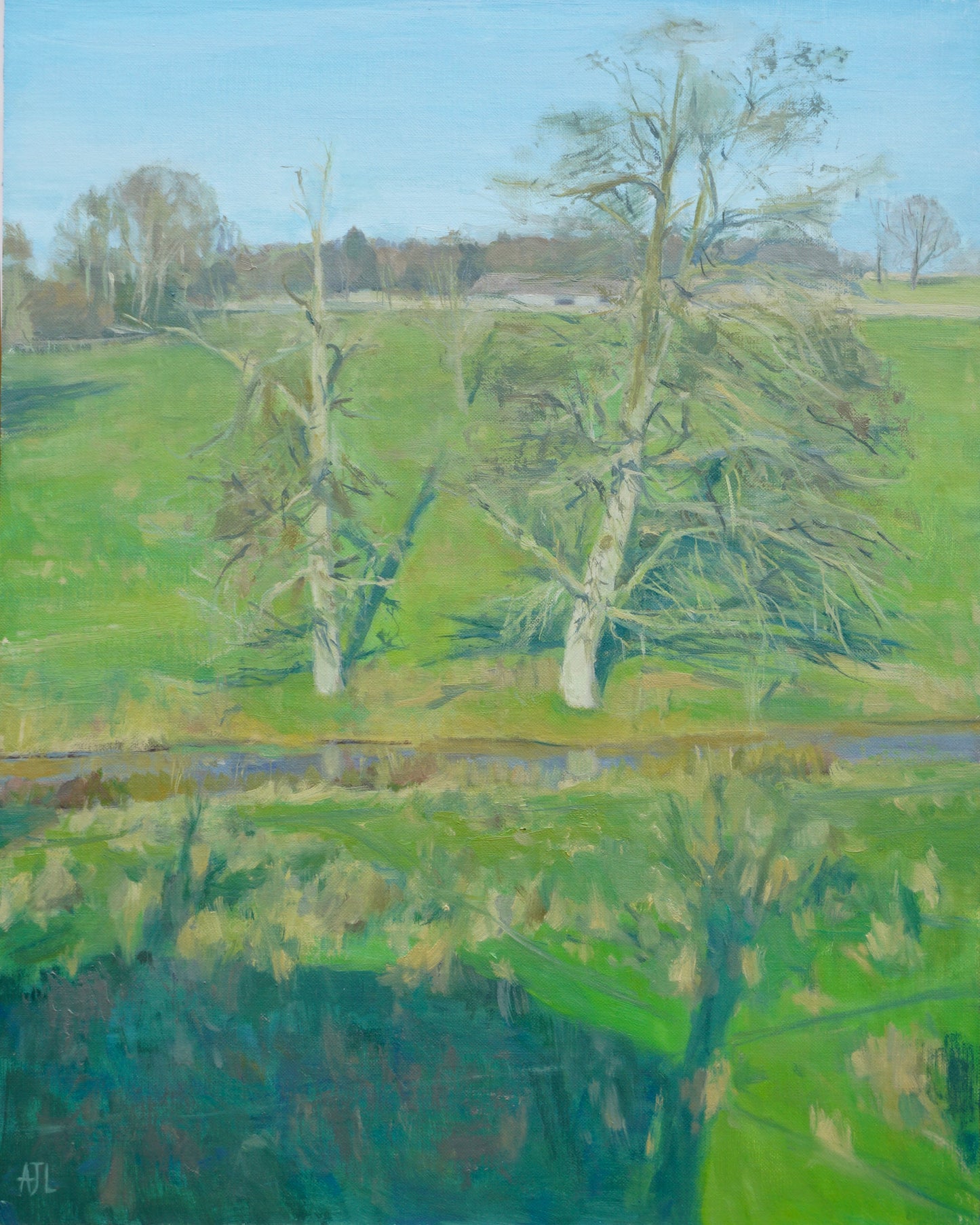 An original oil painting of a green grassy field with a stream cutting across it horizontally and two bare branched trees growing upright on the field below a cloudless blue sky. The artist has signed AJL in blue, for "Alex James Long", at the bottom left of the artwork.