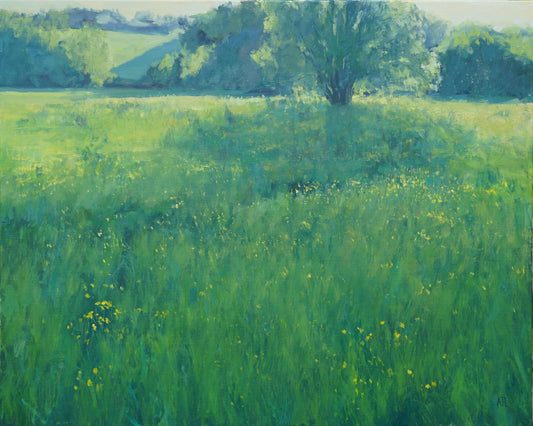 An original oil painting of a green and yellow field with a line of trees in the distance.