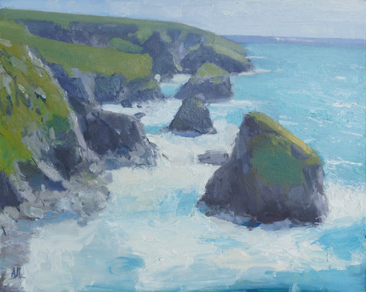 An original oil painting of rock formations along the coast at the Bedruthan Steps in Cornwall. The artist has signed AJL in blue, for "Alex James Long", at the bottom left of the artwork.