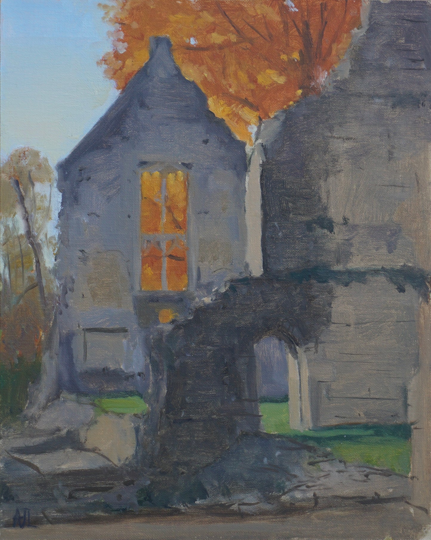 An original oil painting of a ruined medieval hall with intact windows through which orange tree leaves are visible.