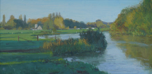 An original oil painting of the Thames River in Lechlade, slowly flowing through the scene with different coloured green trees and plants surrounding it. The artist has signed AJL in blue, for "Alex James Long", at the bottom left of the artwork.