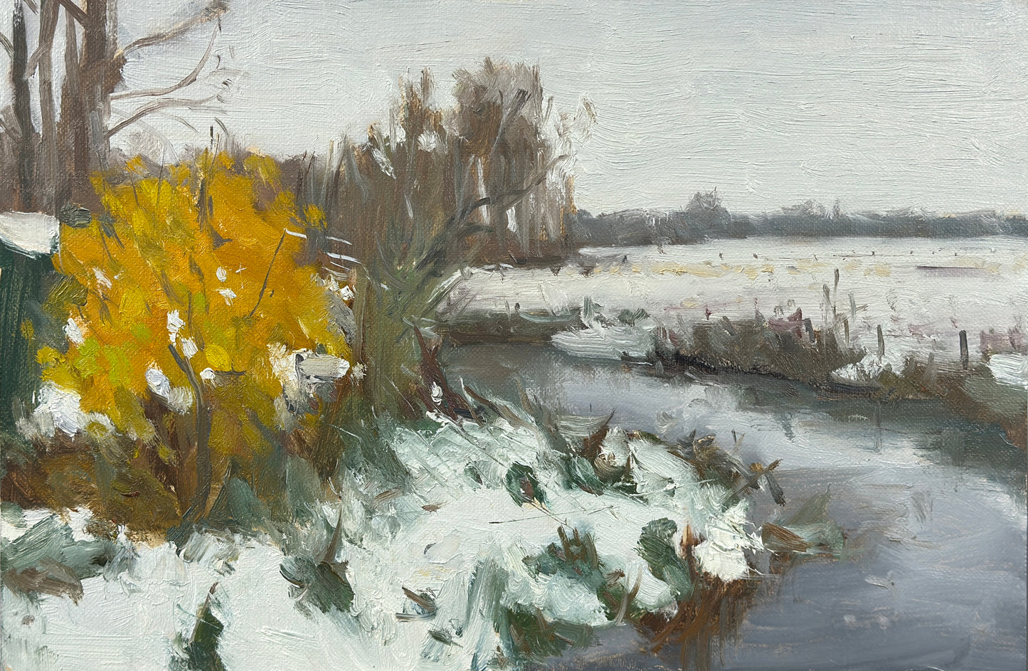 An original oil painting of a flame-orange tree next to a river bend and snow-filled landscape.