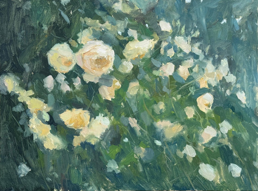 An original oil painting of white roses with green leaves.