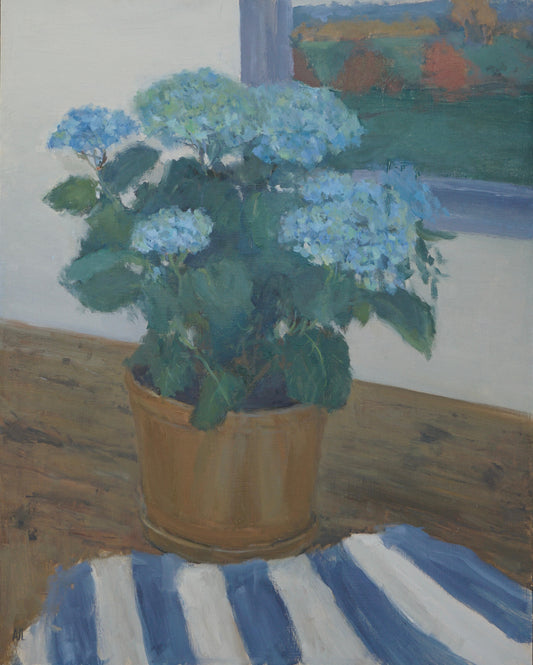 An original oil painting of a pot of blue hydrangeas on a table.
