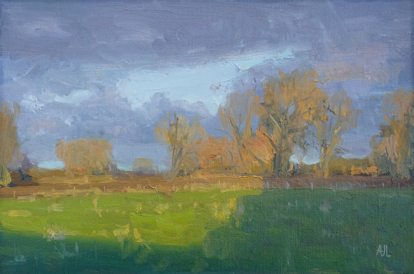 An original oil painting of a landscape, with a green field in the foreground, a line of trees in the midground and, above, violet clouds with a break in the clouds showing a light blue sky. The artist has signed AJL in blue, for "Alex James Long", at the bottom right of the artwork.