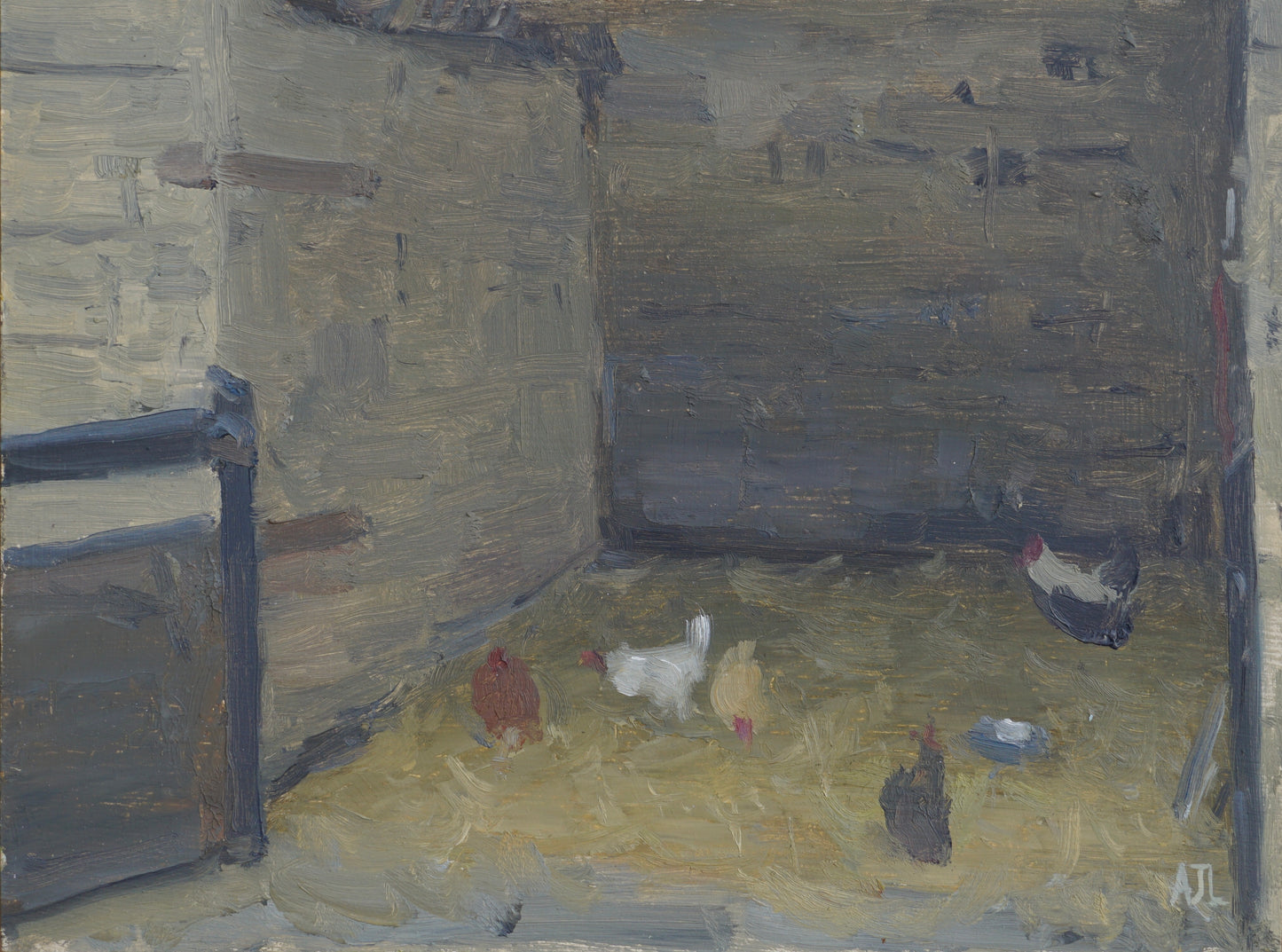 An original oil painting of multi-coloured chickens hanging out in a barn with a hay floor at Cogges Manor Farm in Witney. The artist has signed AJL in grey, for "Alex James Long", at the bottom right of the artwork.
