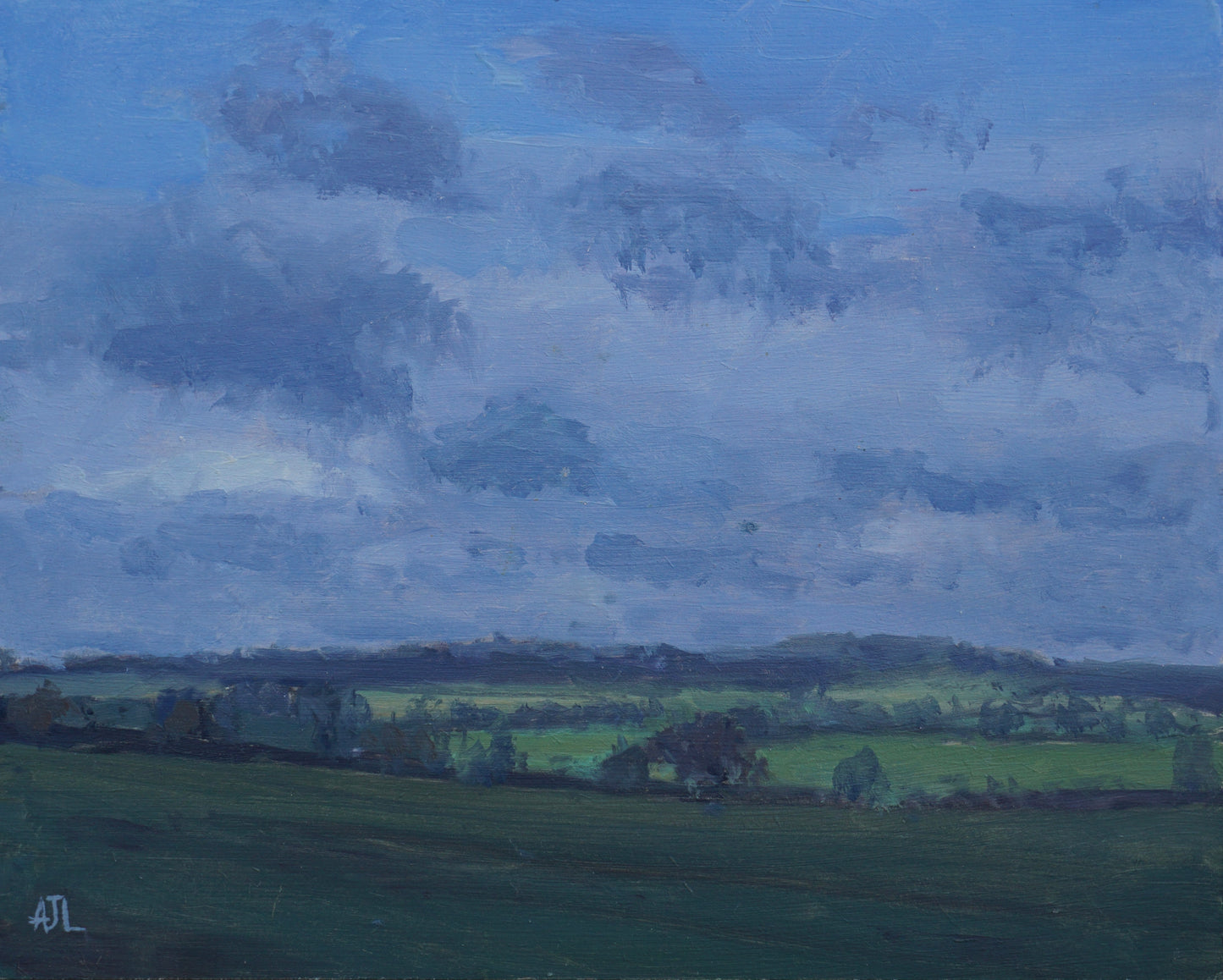 An original oil painting of a deep blue sky at dusk over a Cotswolds field. The artist has signed AJL in blue, for "Alex James Long", at the bottom left of the artwork.