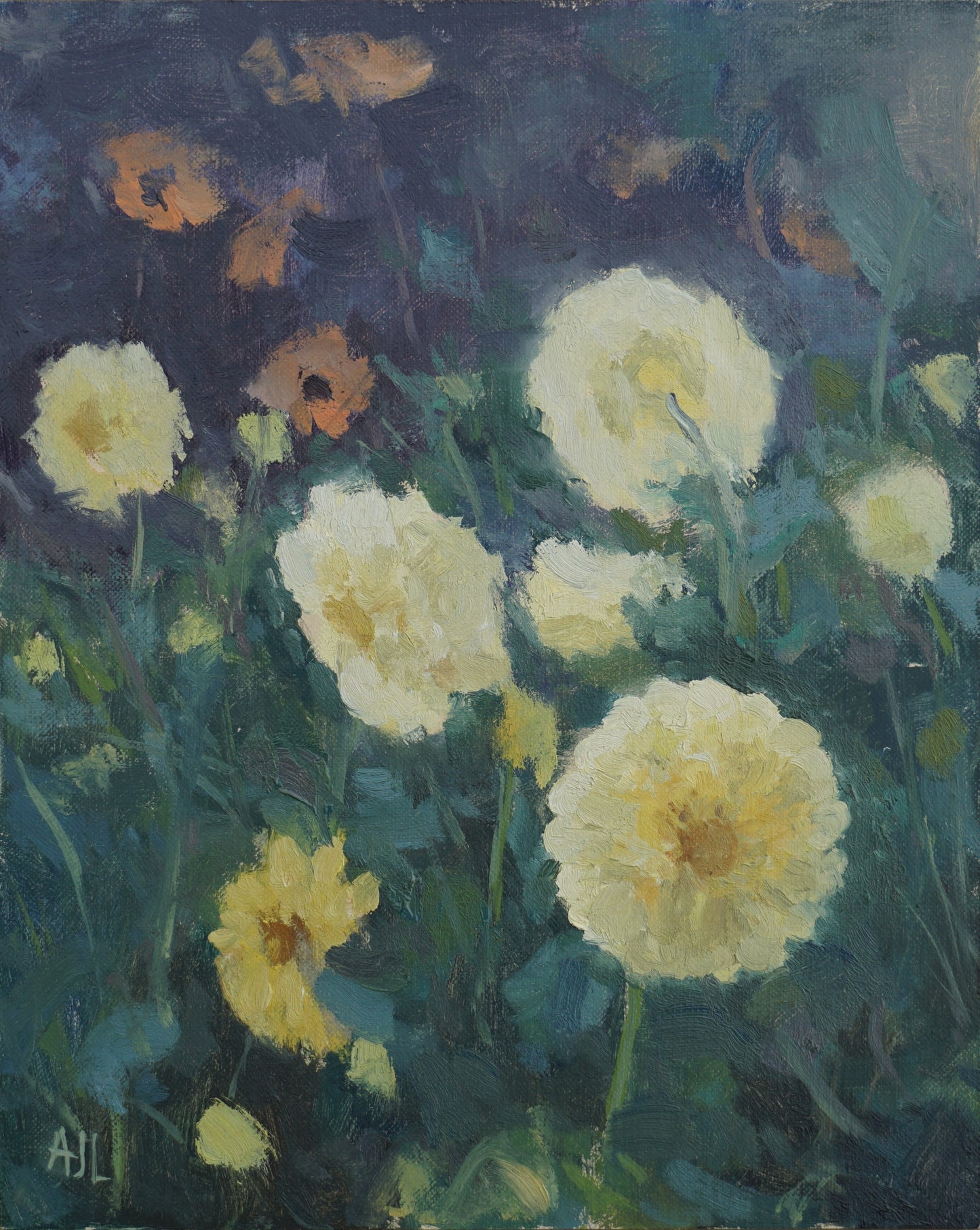 An original artwork of yellow dahlias blooming with a dark green background. The artist has signed AJL in blue, for "Alex James Long", at the bottom left of the artwork.