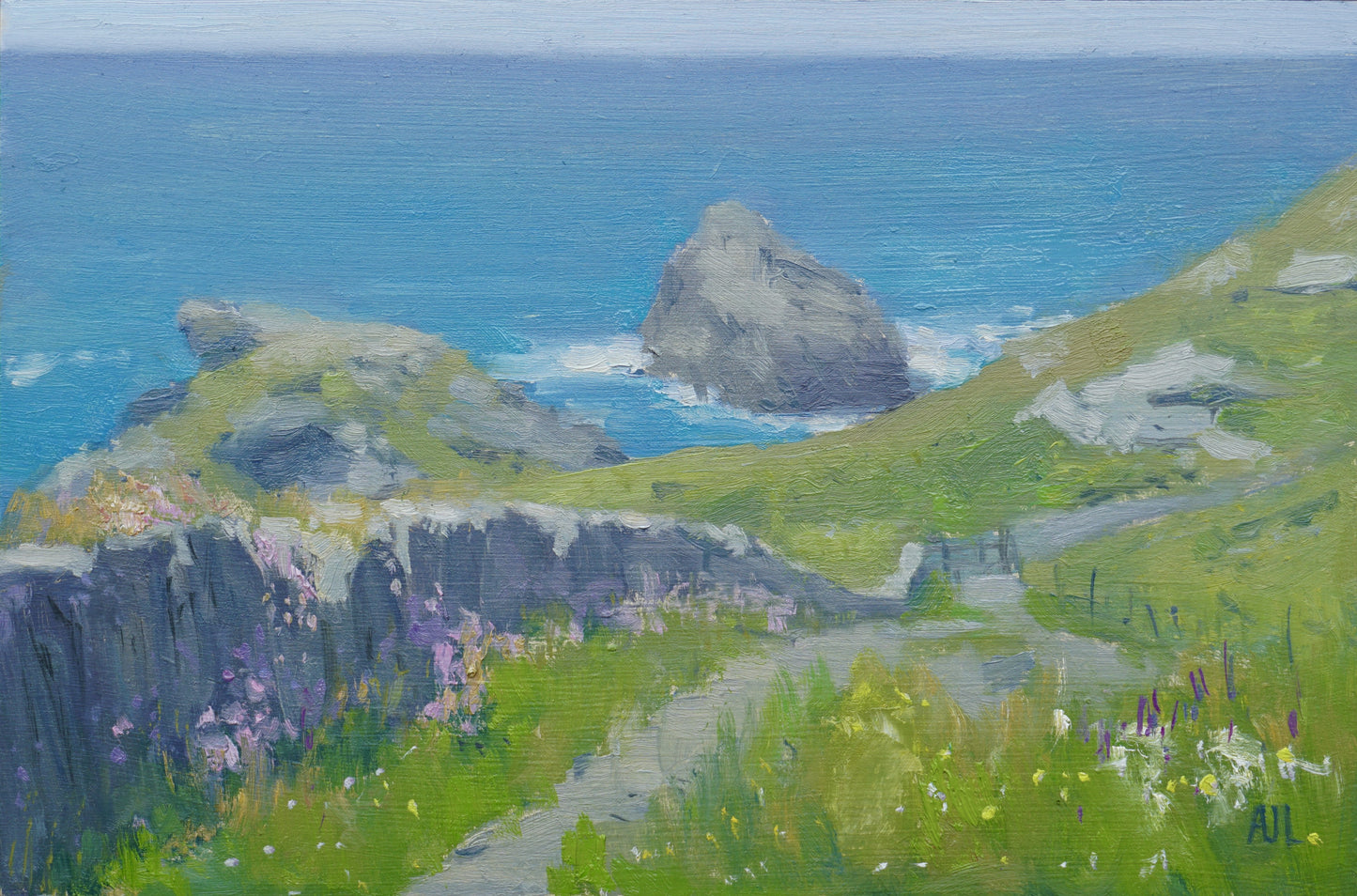 An original oil painting of a coastal path on a sunny day in Cornwall; the bright green grasses are speckled with dots of colourful wildflowers and the foaming white waves are crashing against rock formations in the water. The artist has signed AJL in blue, for "Alex James Long", at the bottom right of the artwork.