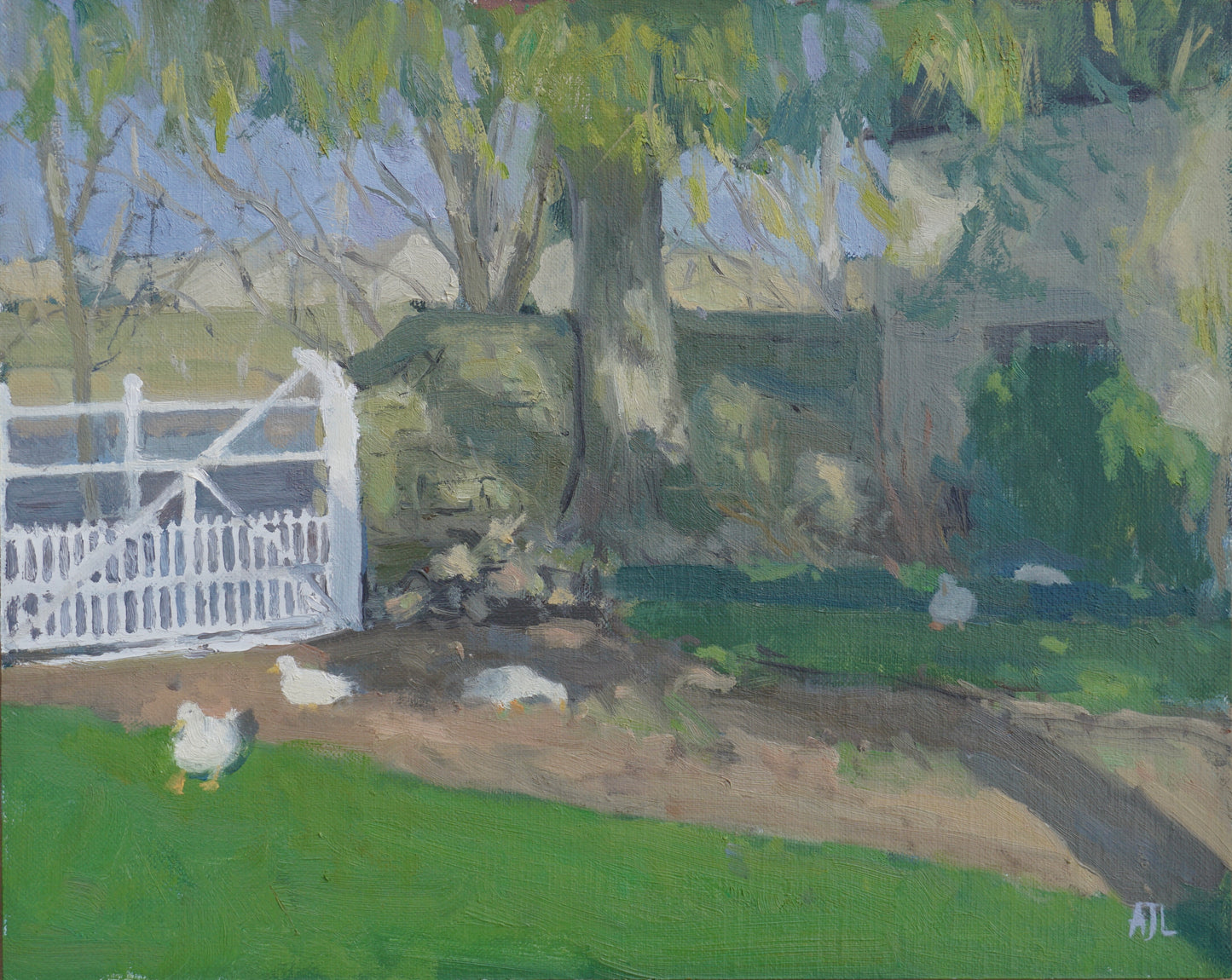 An original oil painting of a few white ducks on the grounds of Cogges Manor Farm, near a white gate and stone wall, under a green tree with dappled sunlight filtering through the branches onto the ground below. The artist has signed AJL in light blue, for "Alex James Long", at the bottom right of the artwork.