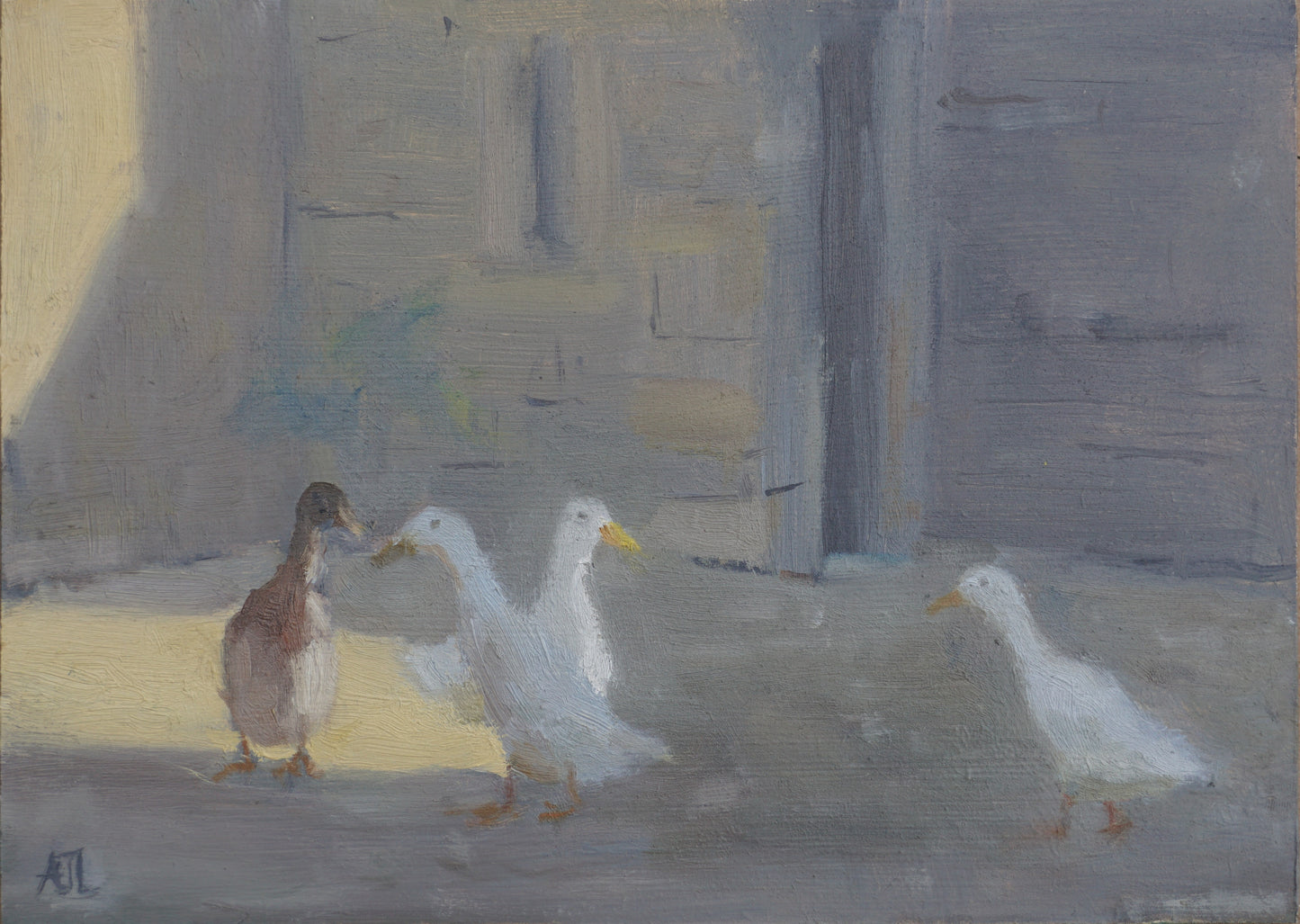 An original oil painting of four ducks in a shadowed stone courtyard. Three ducks are white and the leftmost one is brown; all are in a line yet interacting with one another. The artist has signed AJL in brown, for "Alex James Long", at the bottom left of the artwork.