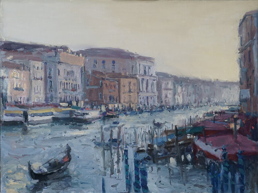 An original oil painting of the Grand Canal in Venice, Italy, with gondolas and boats floating on the sparkling water.
