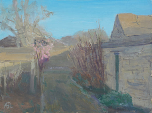 An original oil painting of a blossoming pink plant, just showing life on an early spring day. A pathway in the middle of the painting leads you to the plant, and a Cotswold stone wall and the Cogges manor house are on the right. The artist has signed AJL in grey, for "Alex James Long", at the bottom left of the artwork.