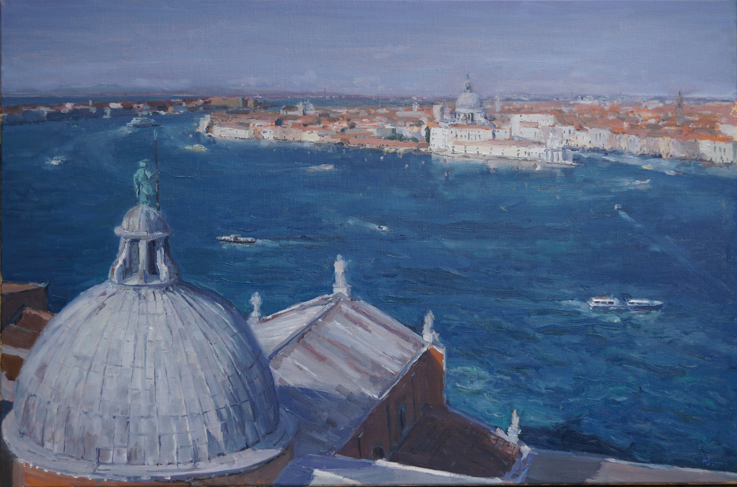 An original oil painting of a panoramiv view of the Venetian lagoon, with boats crossing the water at different angles leaving trails of white froth behind them, and a view of the top of the roof of the Basilica of San Giorgio Maggiore in Venice.