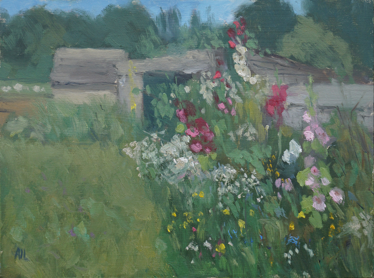 An original oil painting of an abundance of colourful, blooming hollyhocks and flowers by the exterior of the walled garden wall at Cogges Manor Farm in Witney. The artist has signed AJL in blue, for "Alex James Long", at the bottom left of the artwork.