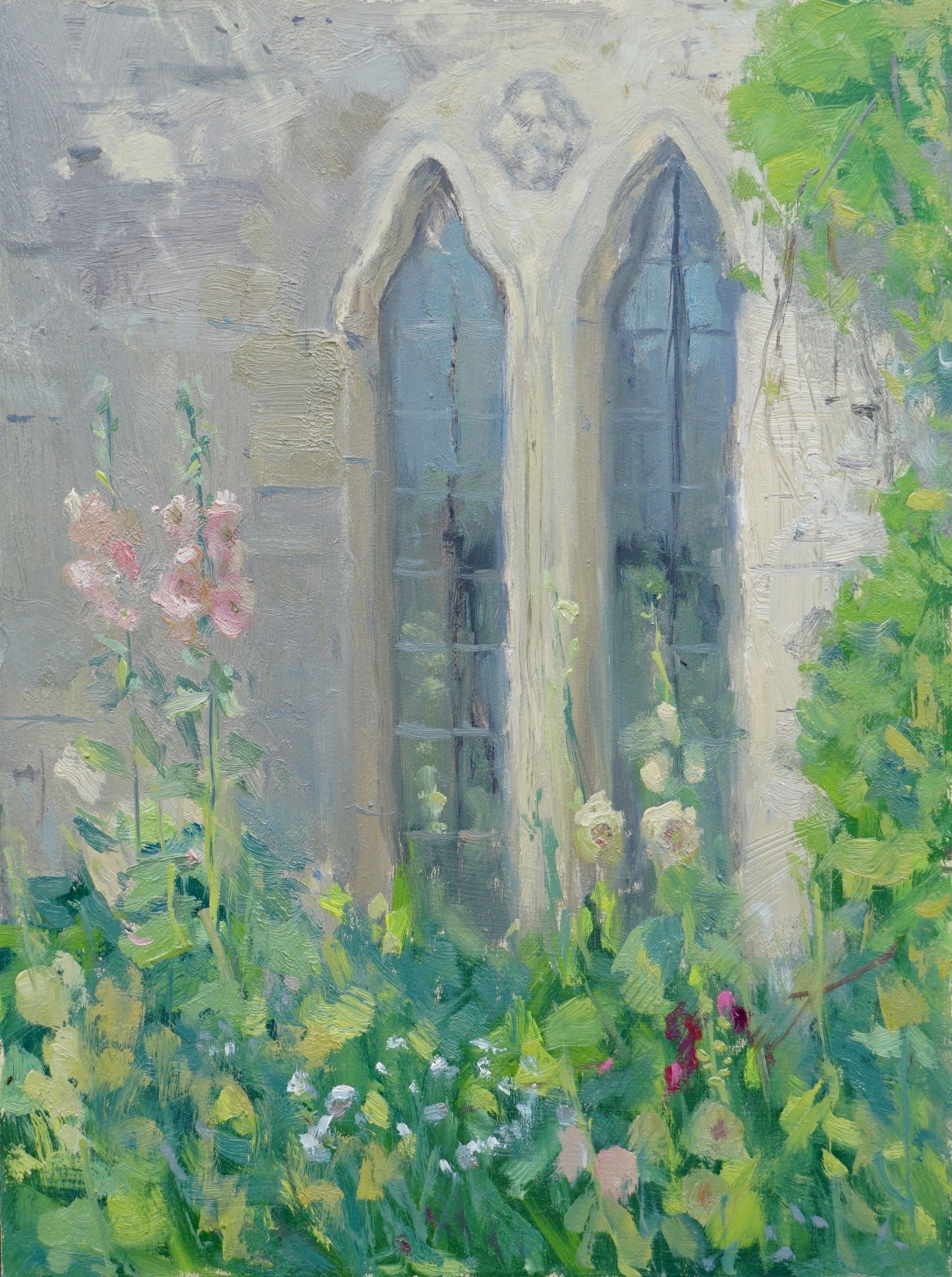 An original oil painting of the Cogges Manor Farm exterior kitchen windows, ancient and double-arched stone, with blooming pastel hollyhocks besides them.