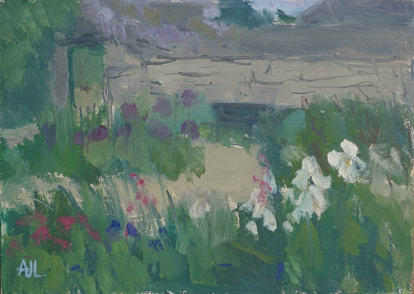 An original oil painting of Cogges Manor Farm's walled garden in the springtime, with irises, wisteria and other flowers in full bloom. The artist has signed AJL in light blue, for "Alex James Long", at the bottom left of the artwork.