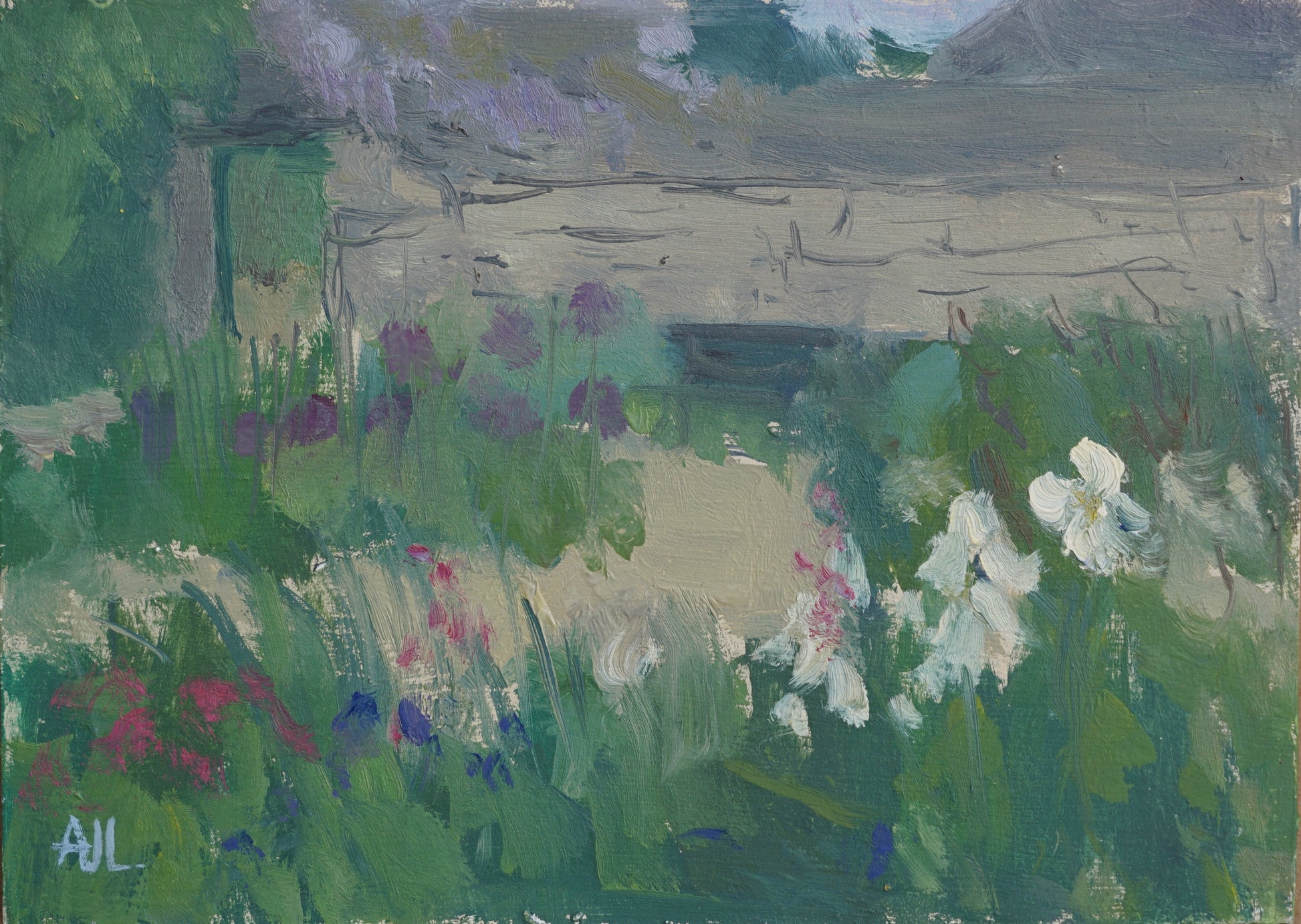 An original oil painting of Cogges Manor Farm's walled garden in the springtime, with irises, wisteria and other flowers in full bloom. The artist has signed AJL in light blue, for "Alex James Long", at the bottom left of the artwork.