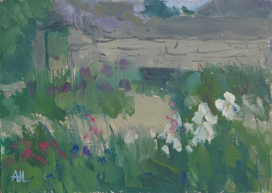An original oil painting of Cogges Manor Farm's walled garden in the springtime, with irises, wisteria and other flowers in full bloom. The artist has signed AJL in light blue, for "Alex James Long", at the bottom left of the artwork.