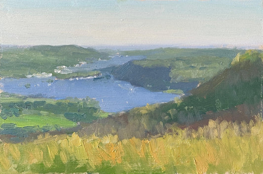 An original oil painting of an expansive vista, with Lake Windermere fading off into the distance and some hills in the foreground.