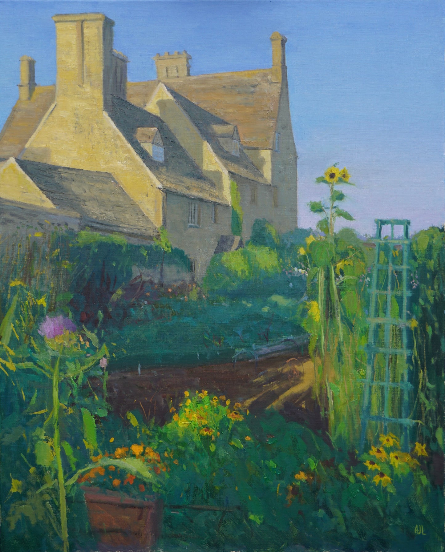 An original oil painting of the sun hitting the side of the Cogges Manor Farm manor house on a cloudless day, with a blooming summer garden including a purple thistle and tall sunflowers in the foreground. The artist has signed AJL in green, for "Alex James Long", at the bottom right of the artwork.