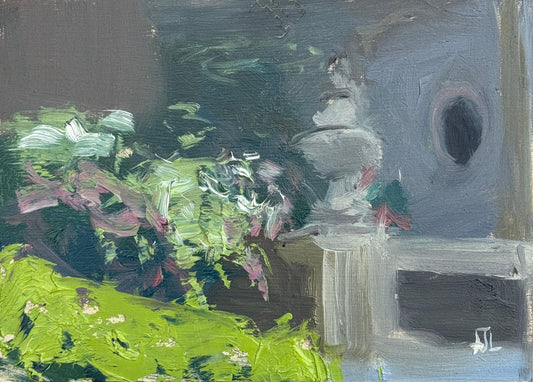 An original oil painting of an outdoor scene with flowers in Italy.