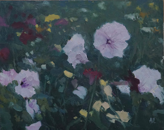 An original oil painting of pinkish purple mallows and other blooming flowers against a green backdrop at dusk. The artist has signed AJL in blue, for "Alex James Long", at the bottom right of the artwork.
