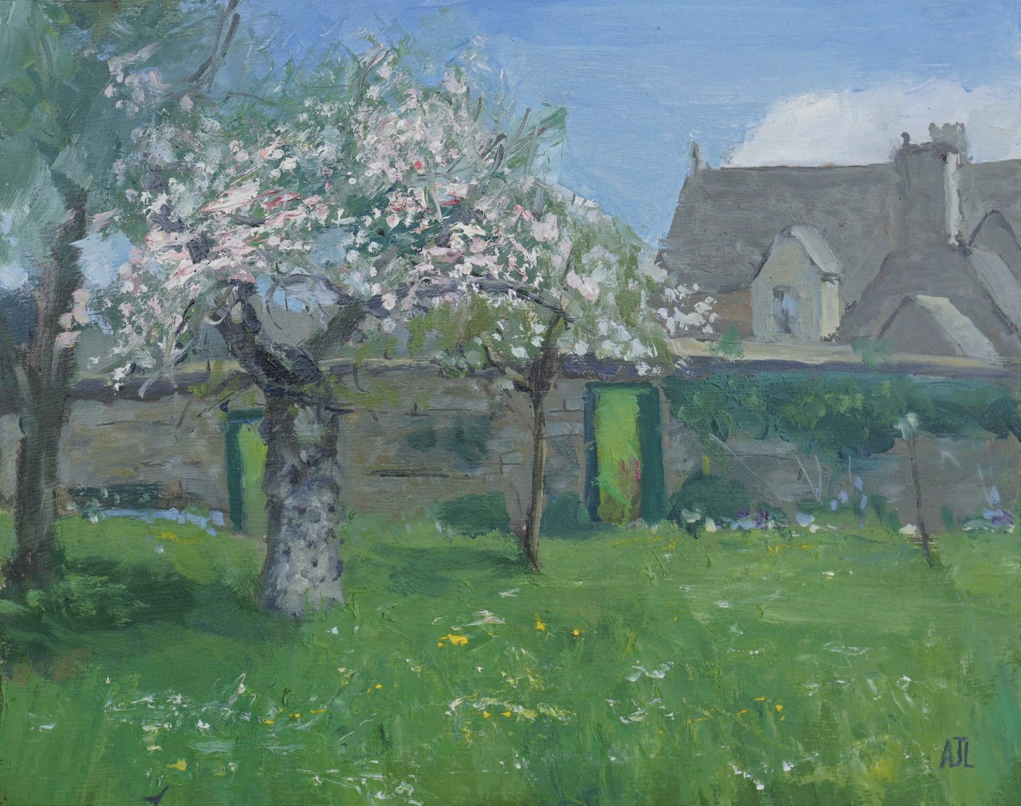 An original oil painting of Cogges Manor Farm, with the manor harm in the background behind a stone wall, and an orchard filled with just-blooming apple trees in the foreground. The artist has signed AJL in blue, for "Alex James Long", at the bottom right of the artwork.