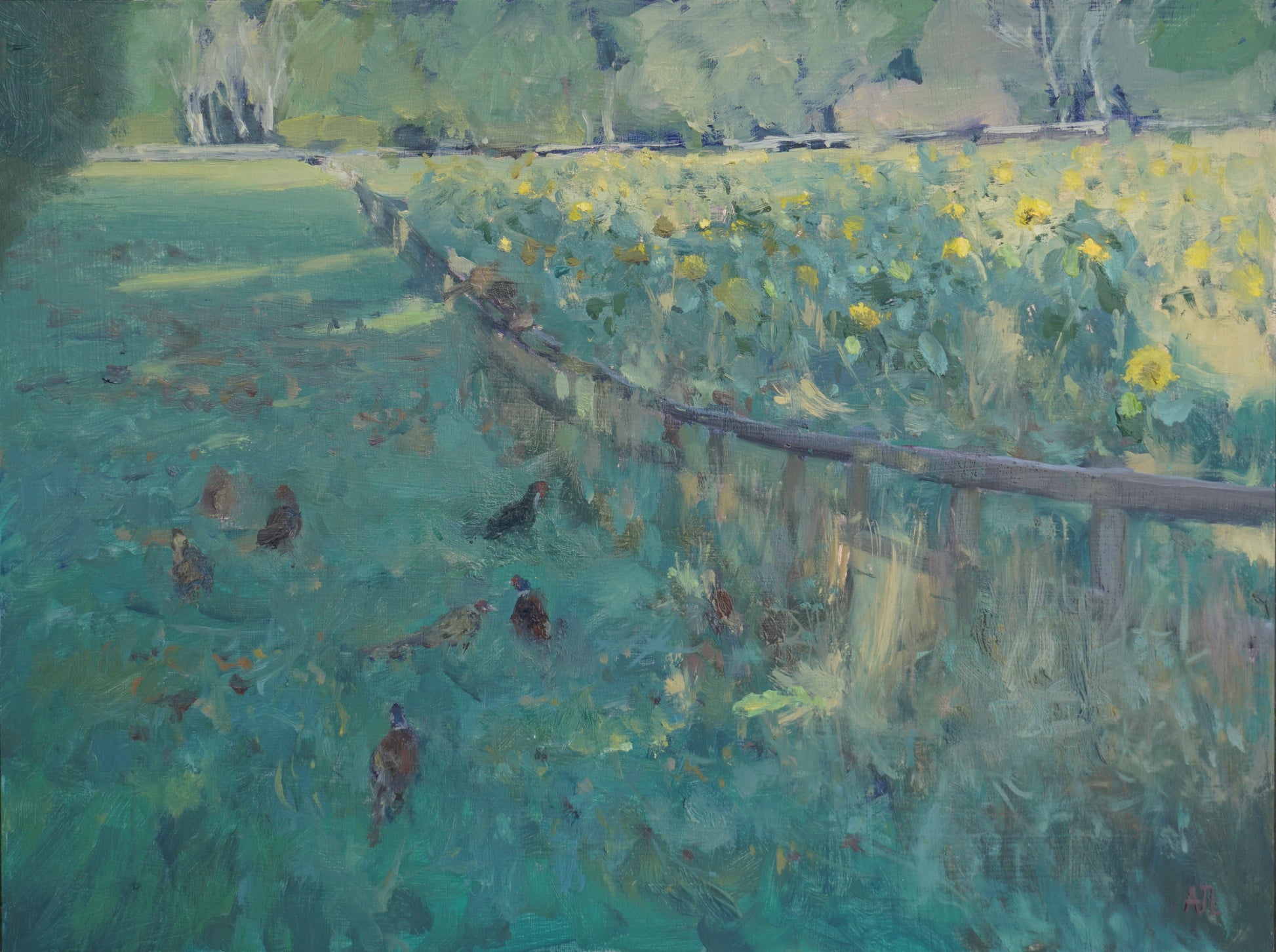 An original oil painting of a field of sunflowers next to a wide and verdant green grass path, enjoyed by a flock of pheasants.