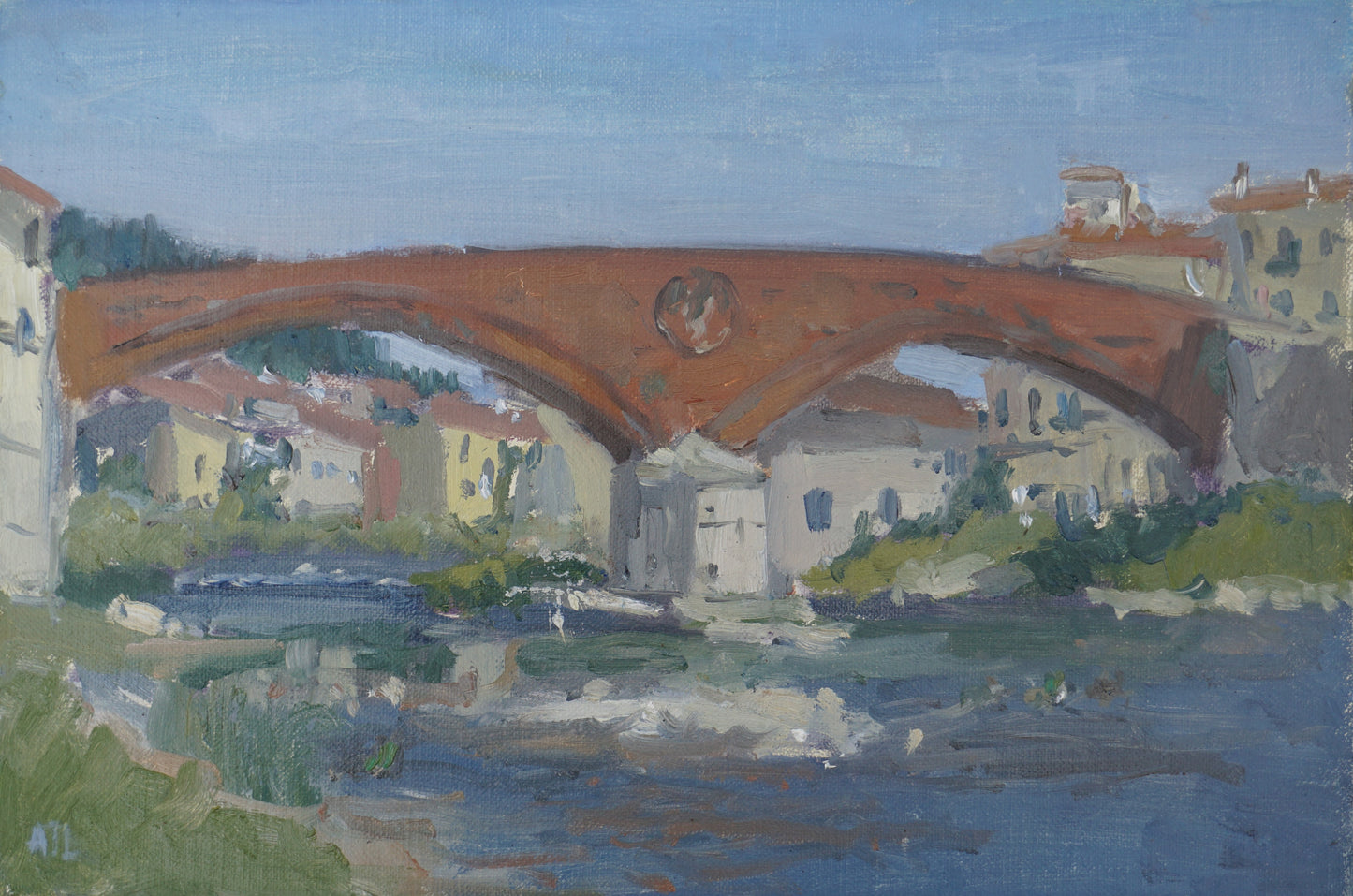 An original oil painting depicting a red brick bridge with two arches.