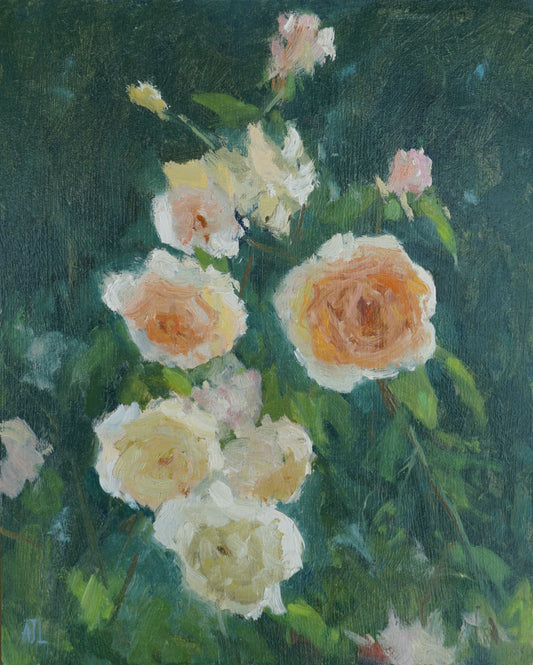 An original oil painting of a flush of blooming apricot roses in focus with a green background.