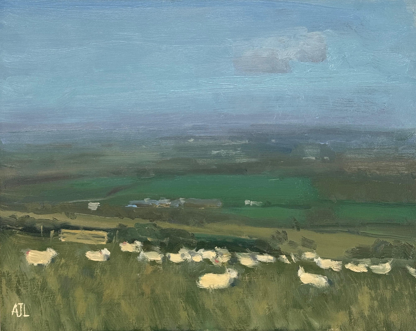 An original oil painting of a vista landscape from the top of the hill with impressionistic sheep grazing under the lightly clouded blue-violet sky. The artist has signed AJL in yellow, for "Alex James Long", at the bottom left of the artwork.