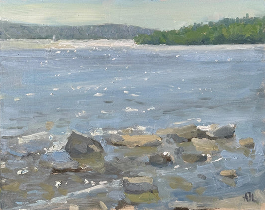 An original oil painting of a lake surface with mountains and trees in the distance.