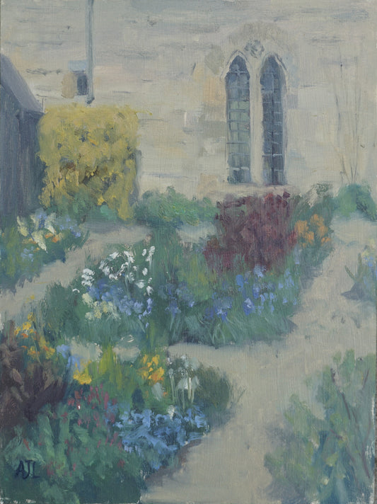 An original oil painting of the springtime walled garden besides Cogges Manor Farm, with the double arched windows of the kitchen visible in the background. The artist has signed AJL in blue, for "Alex James Long", at the bottom left of the artwork.