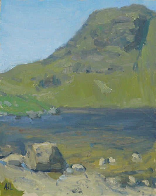 An original oil painting of a hill "pike" overlooking Sickle Tarn, a small mountain lake.