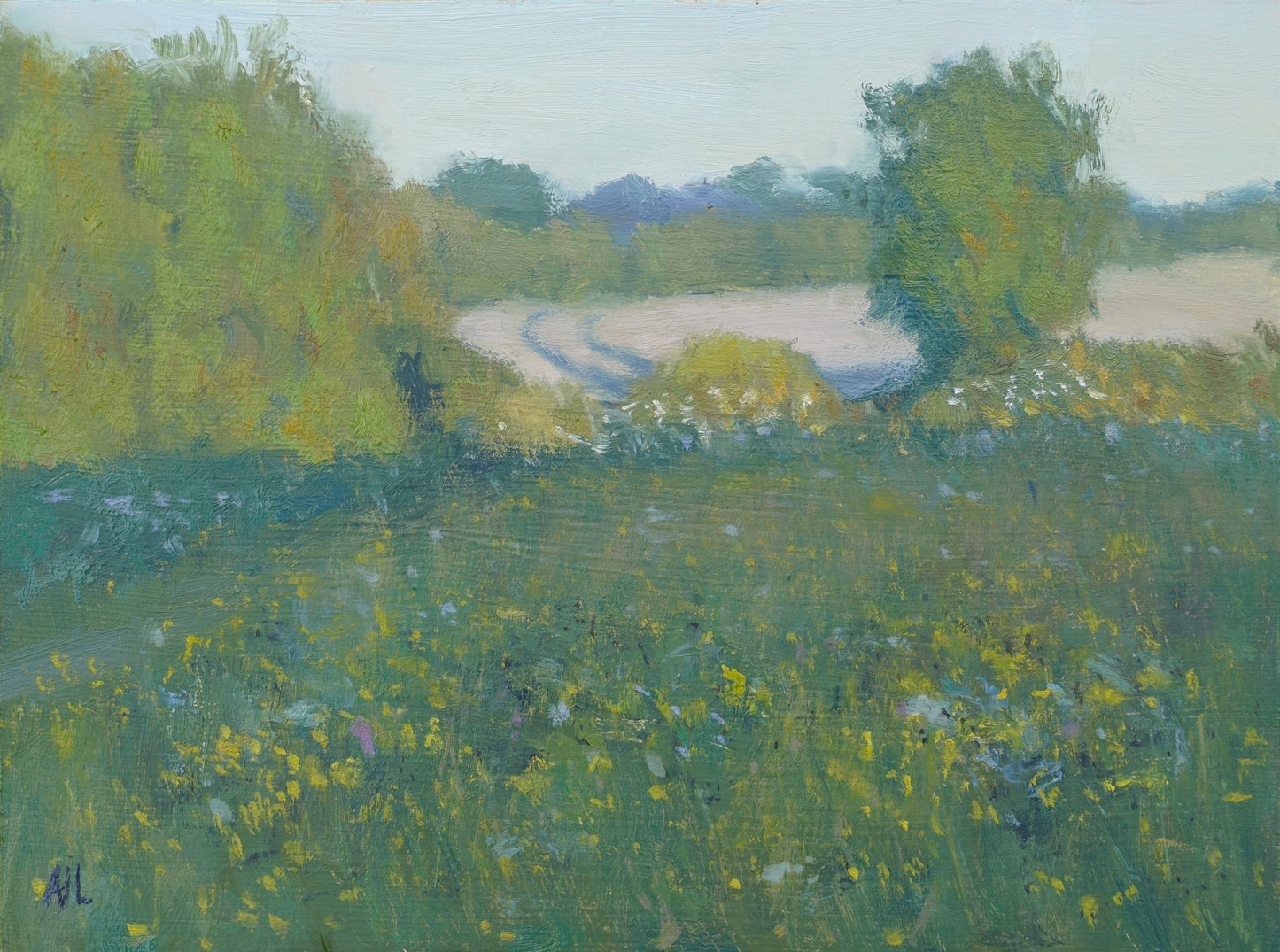 An original oil painting of fields in the Cotswolds, with blooming wildflowers in the foreground and a tilled field in the background. The artist has signed AJL in blue, for "Alex James Long", at the bottom left of the artwork.