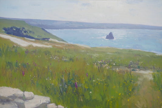 An original oil painting of a green field of blooming summer flowers on a coastline, with the distant landmasses fading into the Atlantic Ocean. The artist has signed AJL, for "Alex James Long", at the bottom left of the artwork.