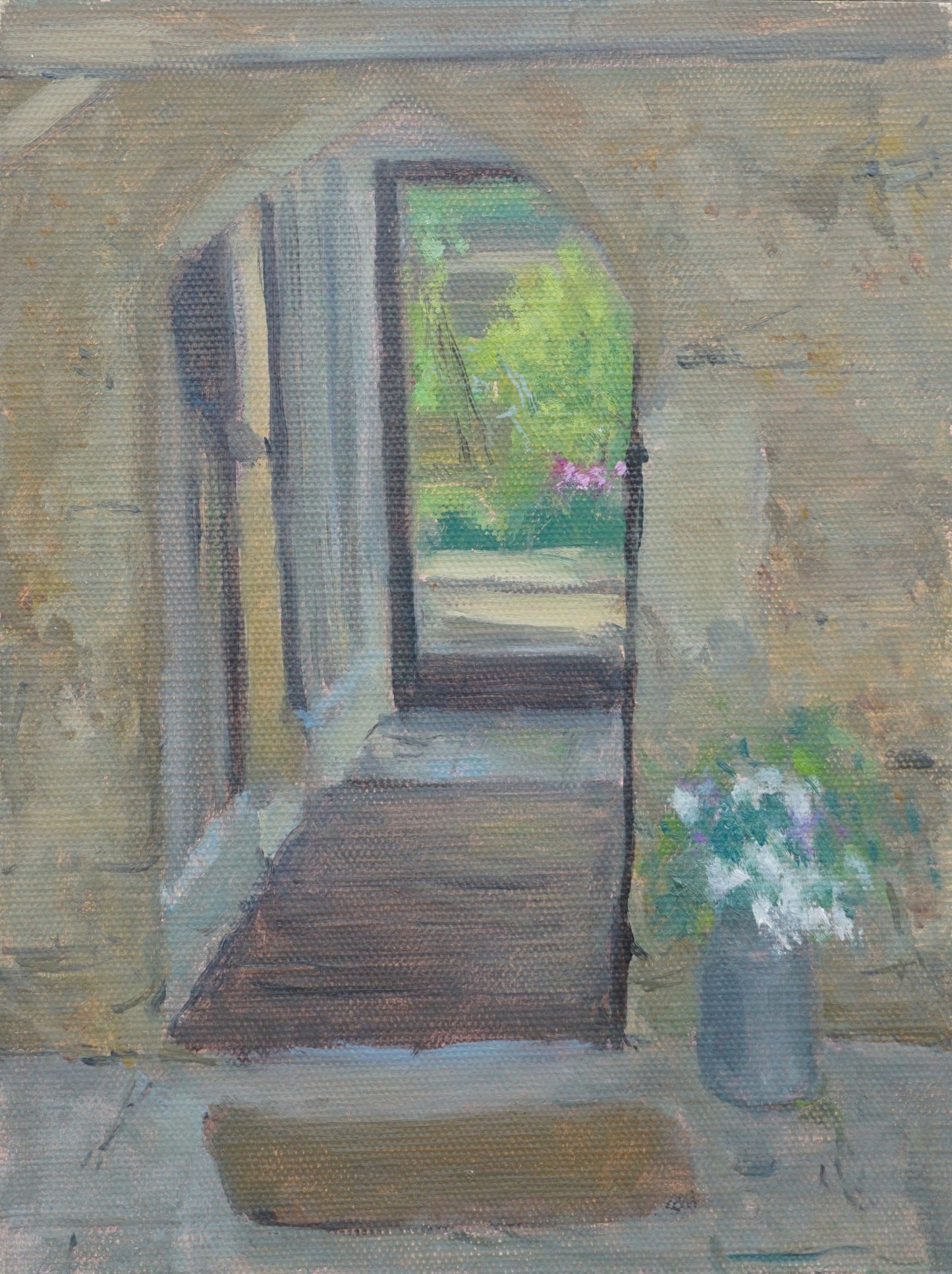 An original oil painting of the courtyard door at Cogges Manor Farm, with a green garden and red flowers visible through the courtyard, and a pointed arched stone entrance with no door at the foreground, as well as a jug of white hydrangeas at the bottom right.