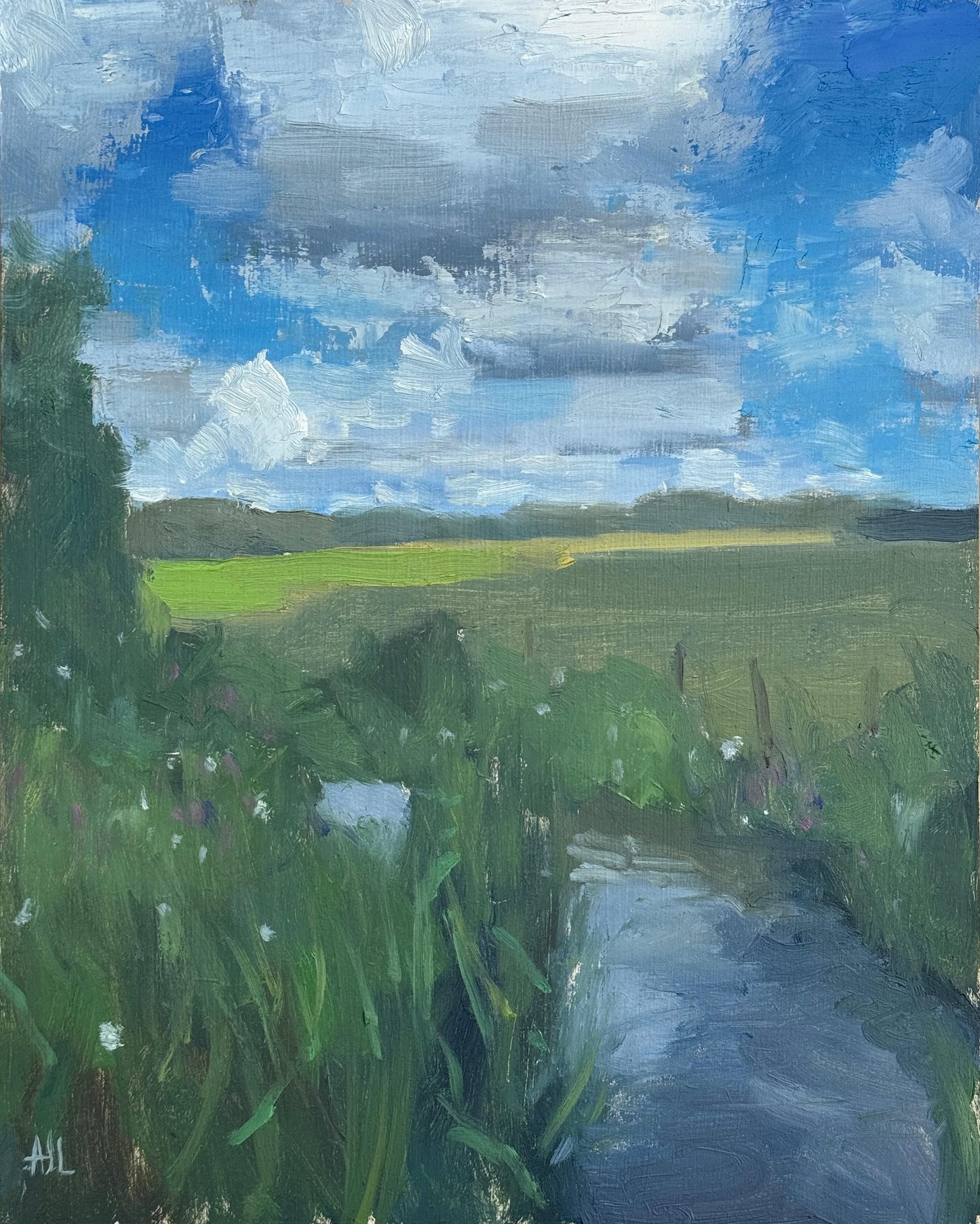 An original oil painting of a landscape with green fields, trees, a river and a blue sky.