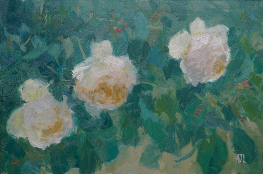 An original oil painting of three blooming white-apricot-coloured roses with green leaves, making up the background of the piece. The artist has signed AJL, for "Alex James Long", at the bottom right of the artwork.