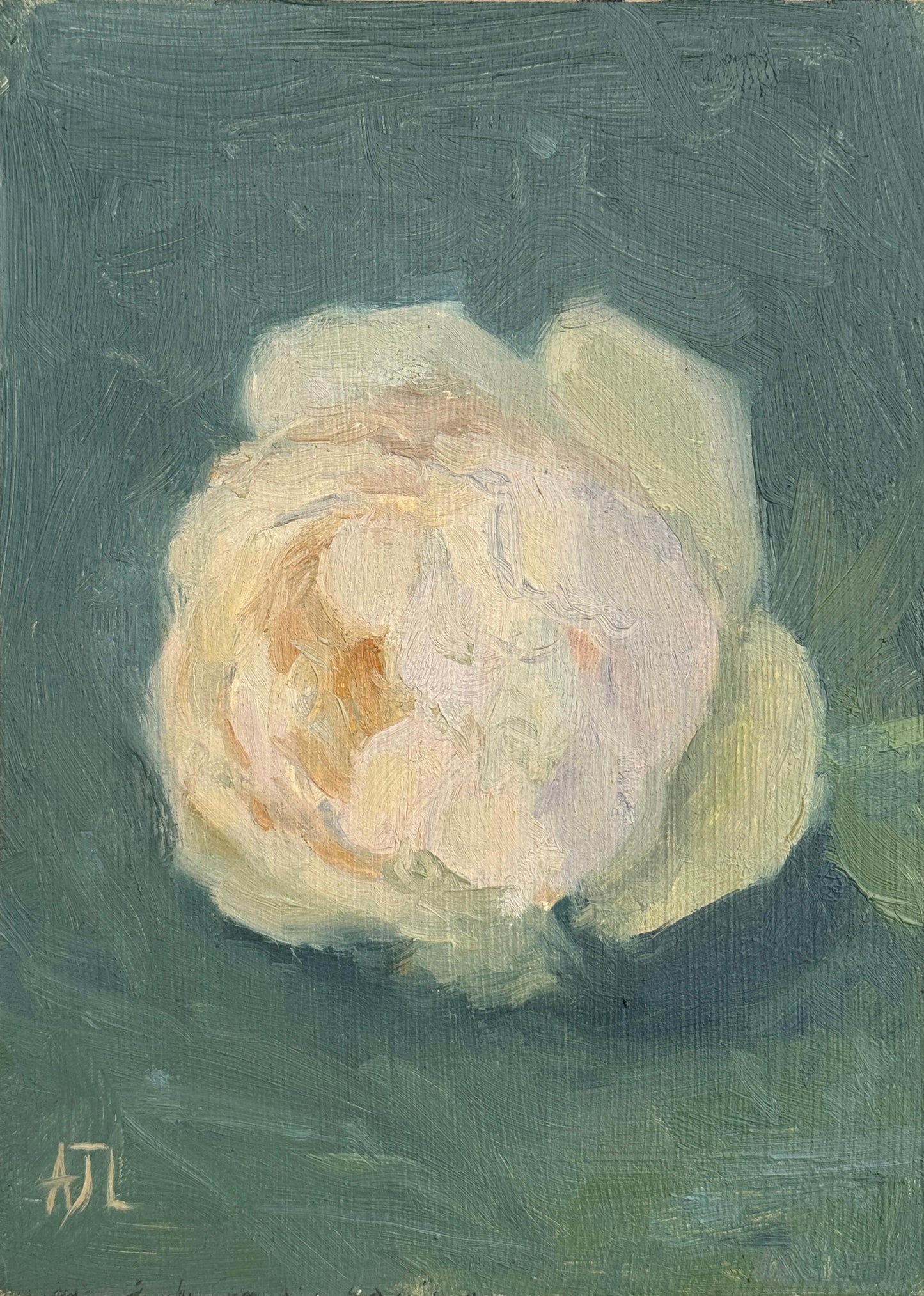 Original oil painting of a white-yellow rose on a dark green background. The artist has signed AJL in yellow, for "Alex James Long", at the bottom left of the artwork.