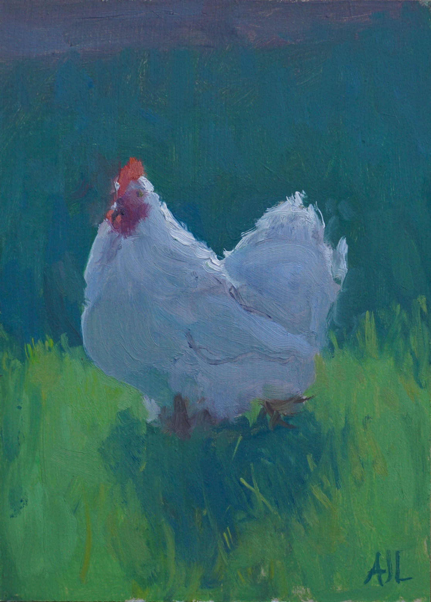 An original oil painting of a Cogges Manor Farm chicken, with its red head and white plumage contrasting with the two-toned green ground. The artist has signed AJL in blue, for "Alex James Long", at the bottom right of the artwork.