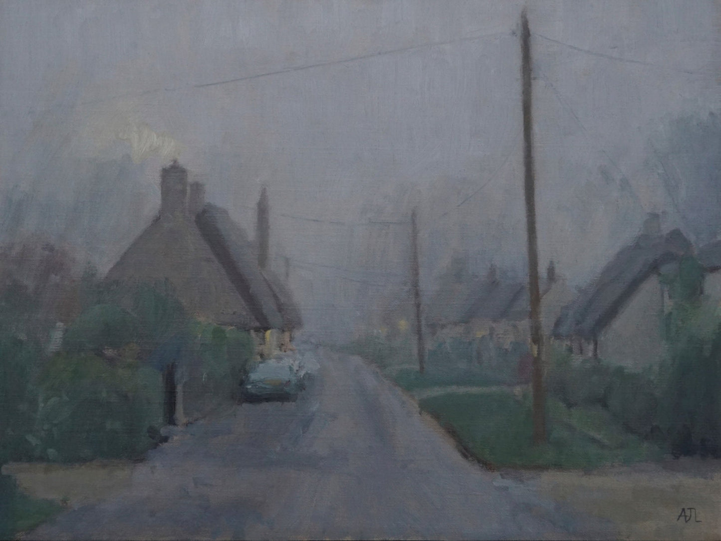 An original oil painting of a dark and misty street surrounded by thatched-roof cottages. The artist has signed AJL in blue, for "Alex James Long", at the bottom right of the artwork.