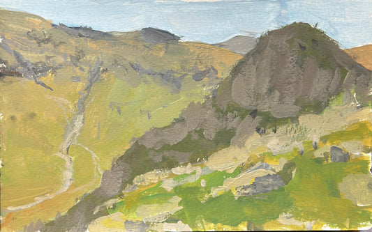 An original plein air gouache painting of the summit of the Pike o' Stickle in a cloud shadow.