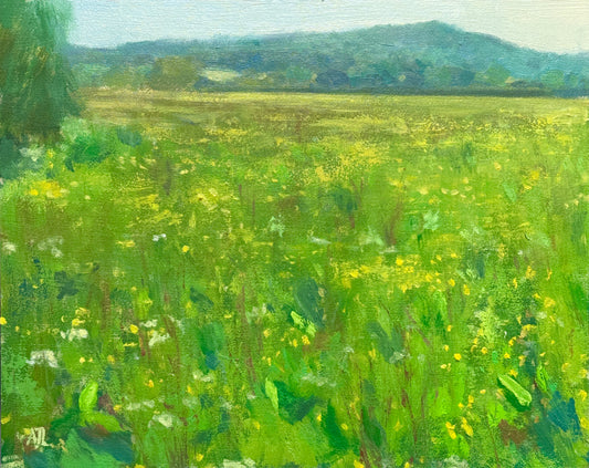 An original oil painting of a green and yellow field with a large hill in the distance.