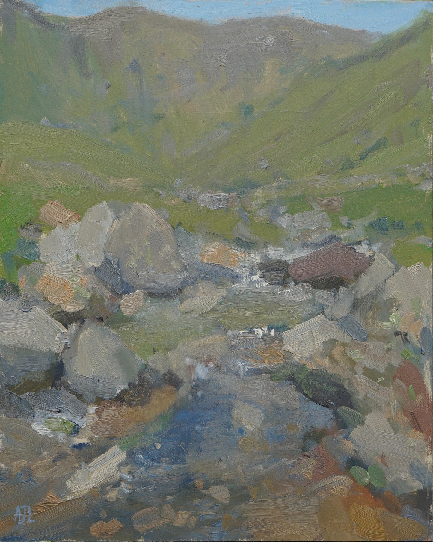 Painting of a mountainous landscape with rocks and a village.