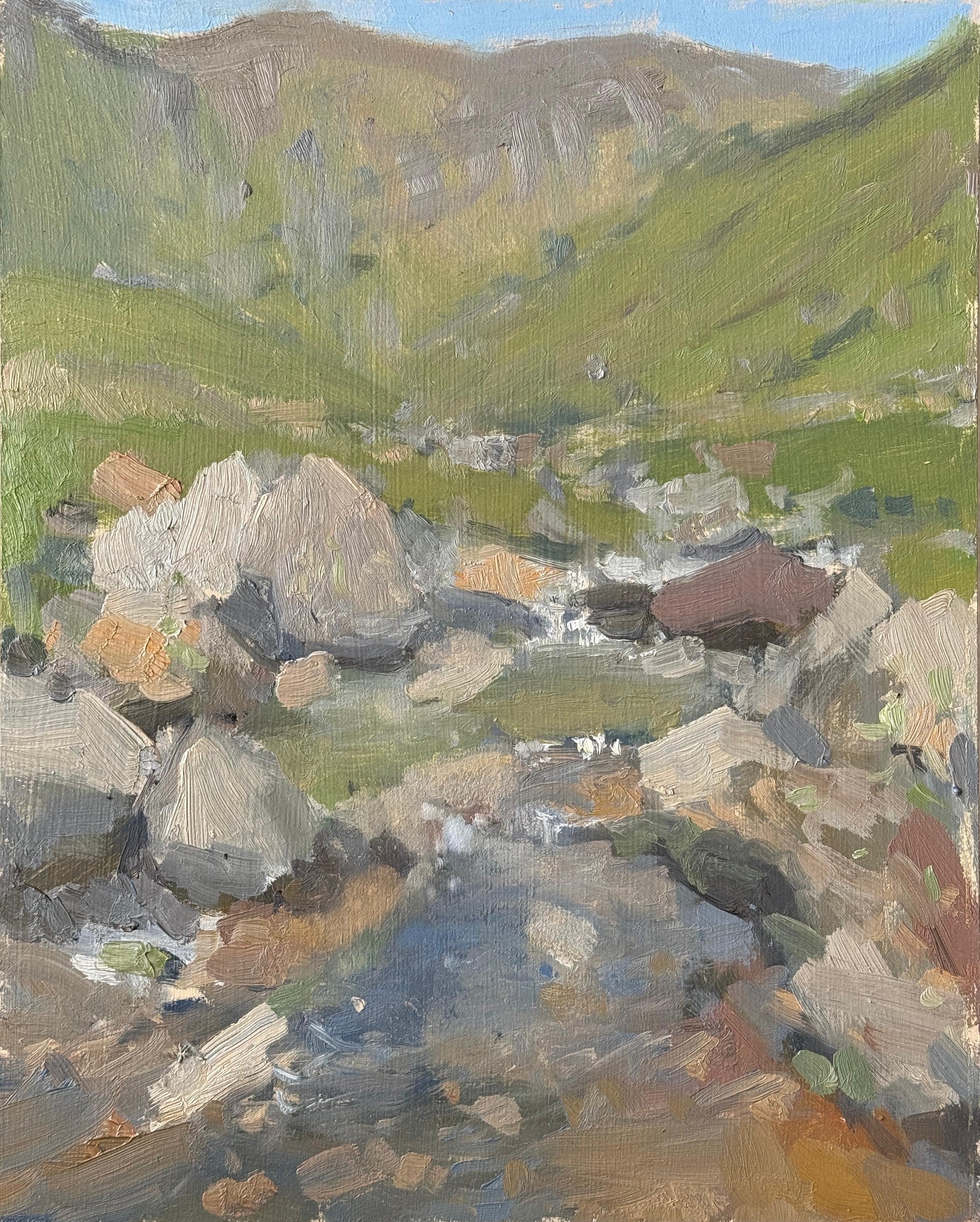 An original oil painting of a clear stream flowing through Mickleden Valley at the base of some high Pikes.