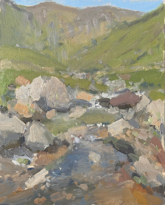 An original oil painting of a clear stream flowing through Mickleden Valley at the base of some high Pikes.